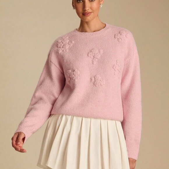 Pink Romantic Women's Pastel 3D Flowers Embroidered Long Sleeve Cute Sweater - Picture 4 of 8